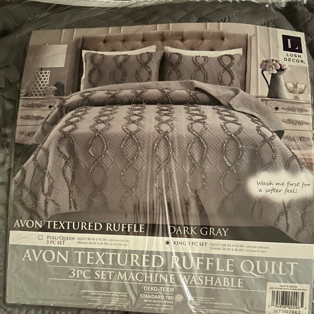 NEW Avon Text Ruffle Quilt & Pillows in Dark Gray.
